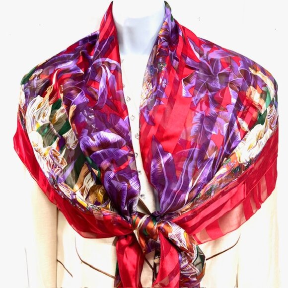Elegance S.A PARIS   (EE) SCARF 100% SILK  Chiffon Satin  44"x44' Red Floral(32) - Picture 4 of 16